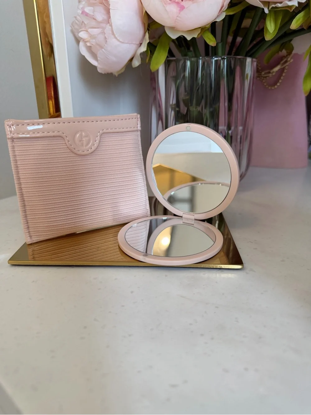 Blush Pink made for Armani GWP double mirror compact and carry case